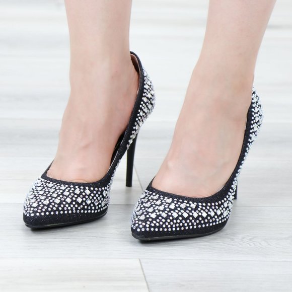 Sparkly Diamond Rhinestone Glitter  Black Pointy Toe Needle High Heel Stiletto - Picture 15 of 15